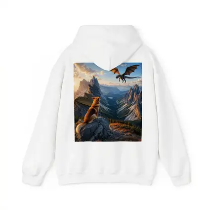 Corgi Dog Watching Dragon Over Mountain Peaks