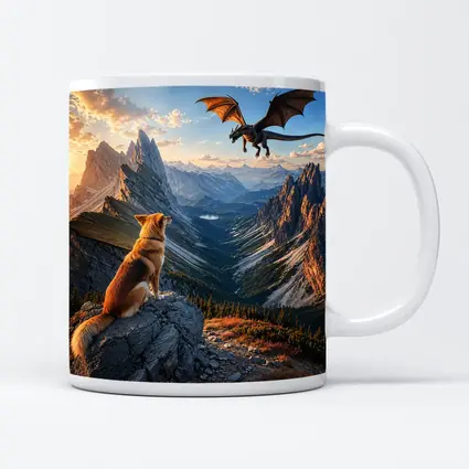 Corgi Dog Watching Dragon Over Mountain Peaks