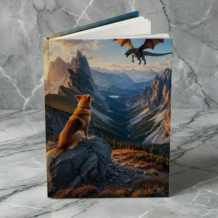 Corgi Dog Watching Dragon Over Mountain Peaks