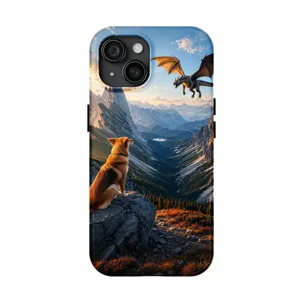 Corgi Dog Watching Dragon Over Mountain Peaks