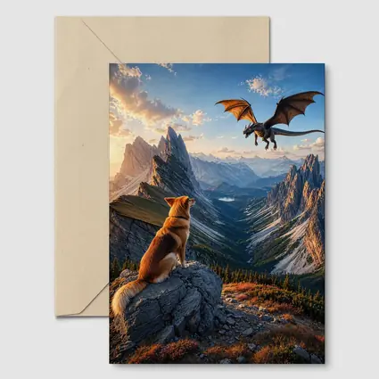 Corgi Dog Watching Dragon Over Mountain Peaks