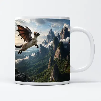 Siamese Cat Dragon Wings Flying Mountain Peaks