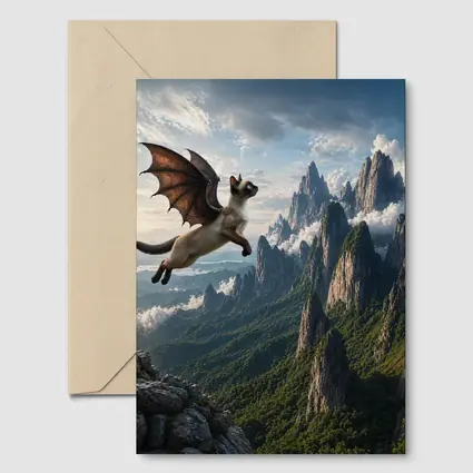 Siamese Cat Dragon Wings Flying Mountain Peaks