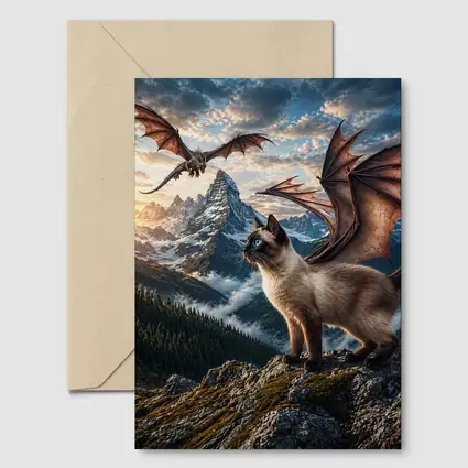 Siamese Cat Dragon Wings Mountain Sunset Fantasy