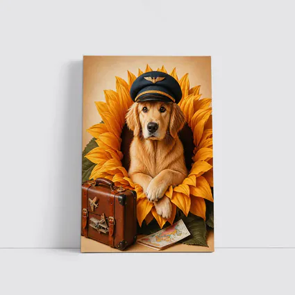 Golden Retriever Pilot Hat Sunflower Travel Adventure