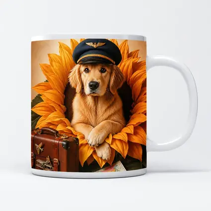 Golden Retriever Pilot Hat Sunflower Travel Adventure