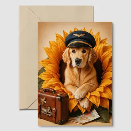 Golden Retriever Pilot Hat Sunflower Travel Adventure