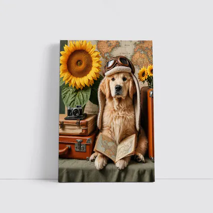 Golden Retriever Traveler With Sunflowers And Map