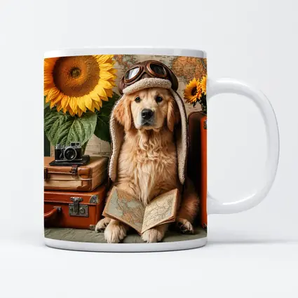 Golden Retriever Traveler With Sunflowers And Map