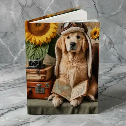 Golden Retriever Traveler With Sunflowers And Map