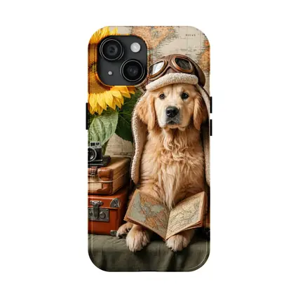 Golden Retriever Traveler With Sunflowers And Map