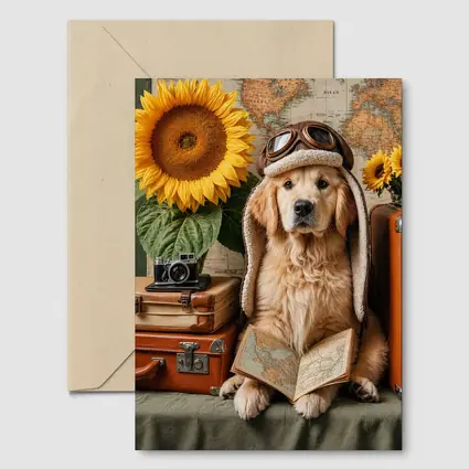 Golden Retriever Traveler With Sunflowers And Map