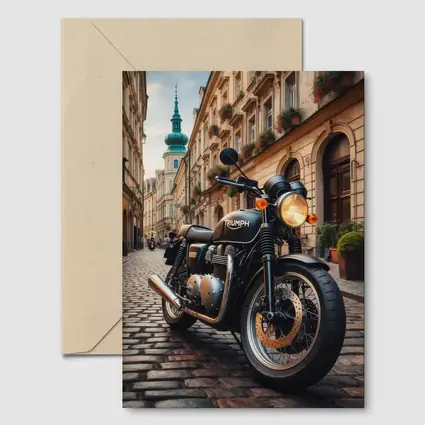 Triumph Motorcycle Parked on European Cobblestone Street