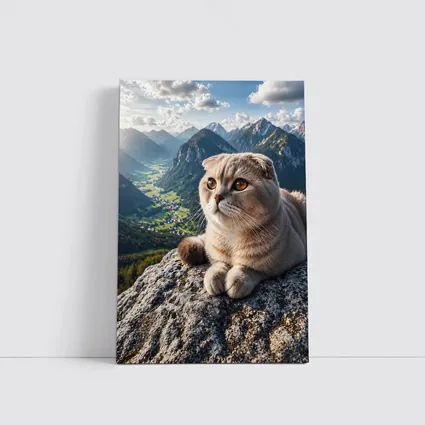 Scottish Fold Cat Resting On Mountain Peak