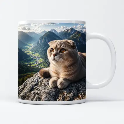 Scottish Fold Cat Resting On Mountain Peak