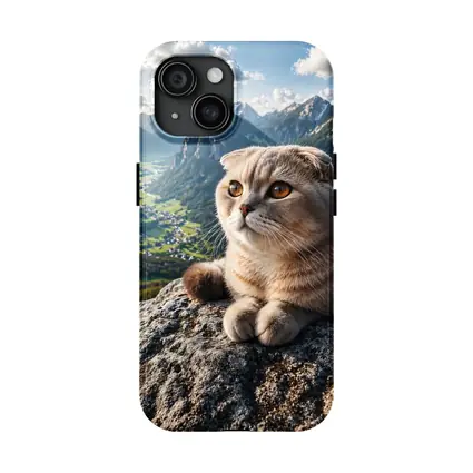 Scottish Fold Cat Resting On Mountain Peak