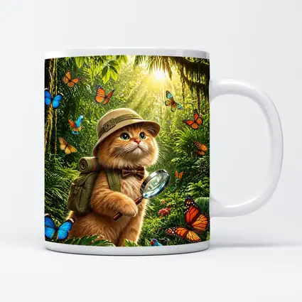 Explorer Cat With Butterflies In Jungle