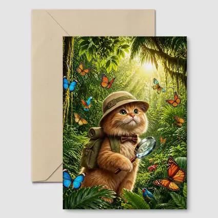 Explorer Cat With Butterflies In Jungle
