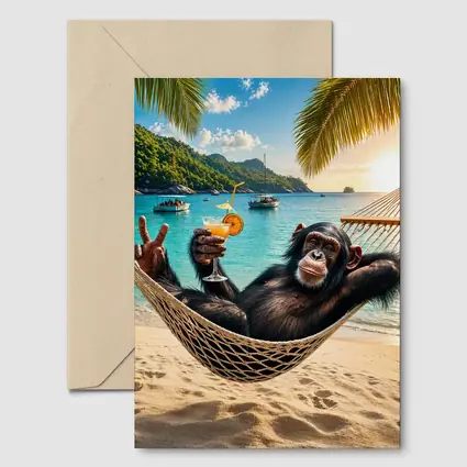 Chimpanzee Relaxing in Hammock Tropical Beach
