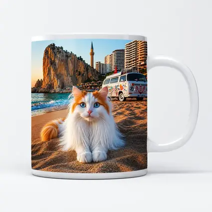 Turkish Van Cat on Sandy Beach Turkey