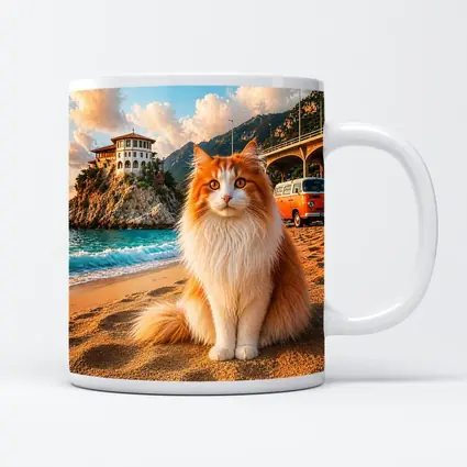 Turkish Van Cat on Sunny Beach Shore