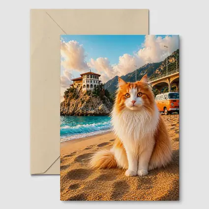 Turkish Van Cat on Sunny Beach Shore