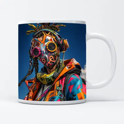 Graffiti Cyberpunk Masked Figure Blue Sky