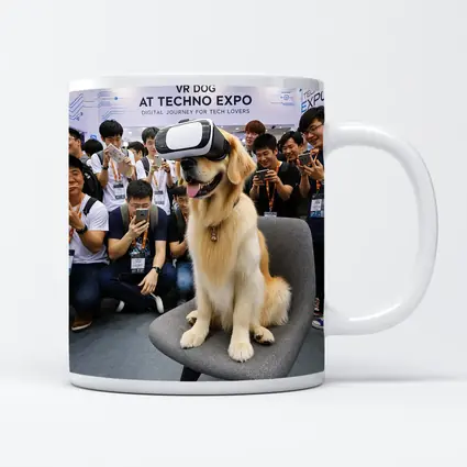 Golden Retriever Wearing VR Headset Tech Expo