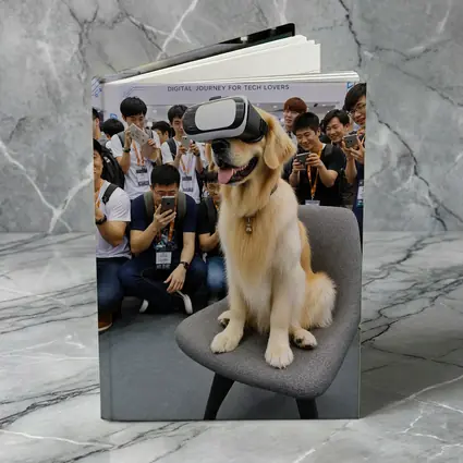 Golden Retriever Wearing VR Headset Tech Expo