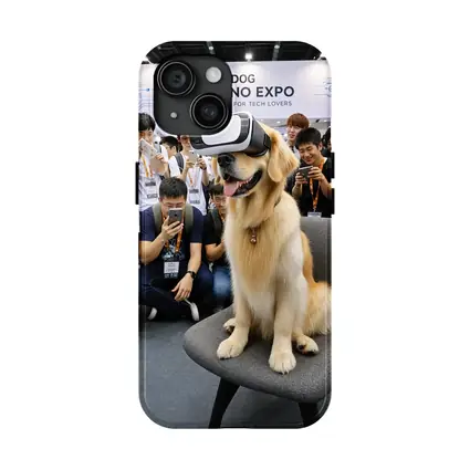 Golden Retriever Wearing VR Headset Tech Expo
