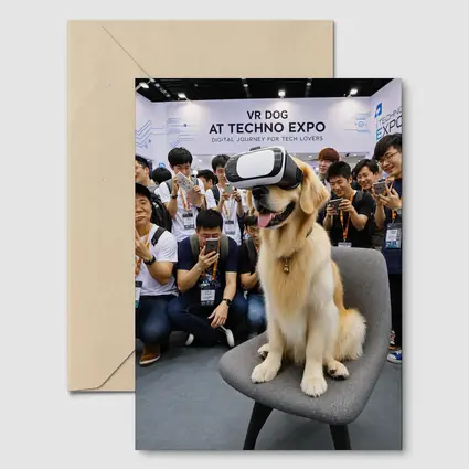 Golden Retriever Wearing VR Headset Tech Expo