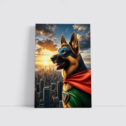 German Shepherd Superhero Over City Skyline