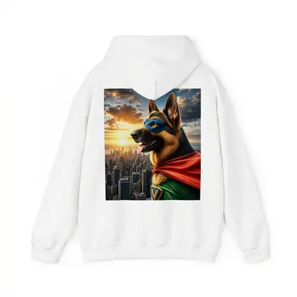 German Shepherd Superhero Over City Skyline