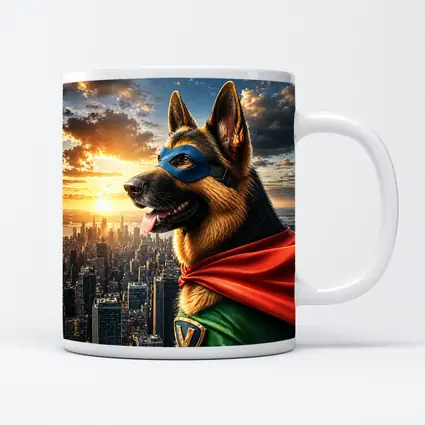 German Shepherd Superhero Over City Skyline