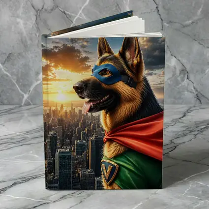 German Shepherd Superhero Over City Skyline