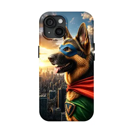 German Shepherd Superhero Over City Skyline