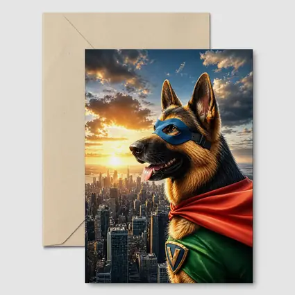 German Shepherd Superhero Over City Skyline
