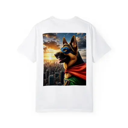 German Shepherd Superhero Over City Skyline