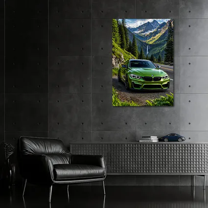 Green BMW M4 Mountain Road Waterfall