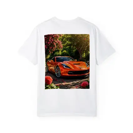 Orange Chevrolet Corvette Parked in Blooming Garden
