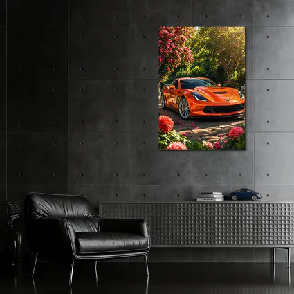 Orange Chevrolet Corvette Parked in Blooming Garden