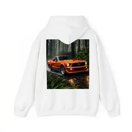 Orange Ford Mustang Roaring Through Forest Road