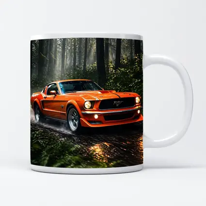 Orange Ford Mustang Roaring Through Forest Road