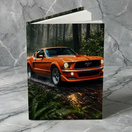 Orange Ford Mustang Roaring Through Forest Road
