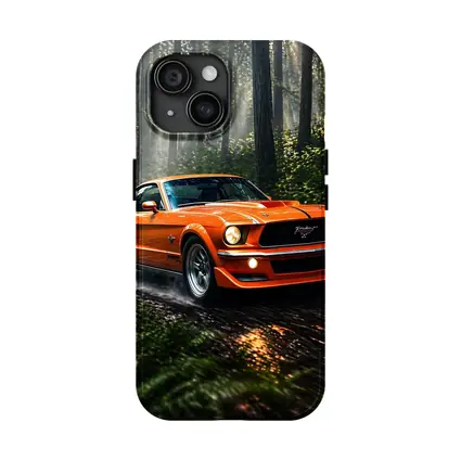 Orange Ford Mustang Roaring Through Forest Road