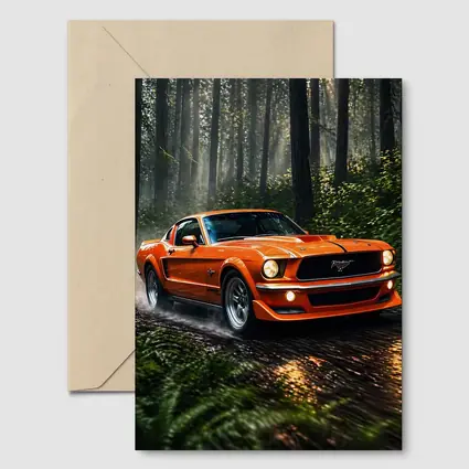 Orange Ford Mustang Roaring Through Forest Road