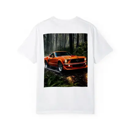 Orange Ford Mustang Roaring Through Forest Road