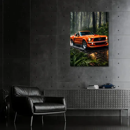 Orange Ford Mustang Roaring Through Forest Road