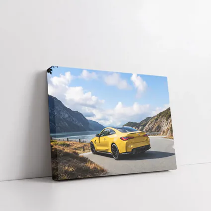 Yellow BMW M4 Coupe Mountain Lake Road
