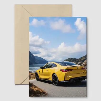 Yellow BMW M4 Coupe Mountain Lake Road